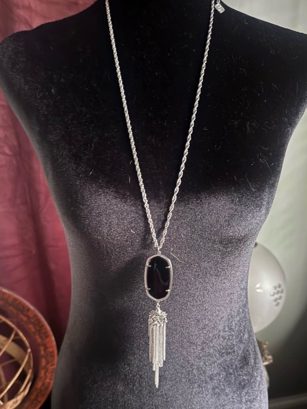 Kendra Scott Rayne Black Stone Silver Tassel Long Pendant Necklace Rope Chain